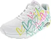 A white Skechers sneaker with a colorful heart print. Produktbild-Vorschau