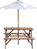 A wooden picnic table with attached benches and a white umbrella, isolated on a white background. Produktbild-Vorschau