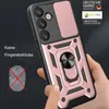 A hand holding a rose gold phone case with a ring holder and camera cover. Produktbild-Vorschau