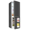 A dark gray refrigerator with its top door open, revealing shelves and food items. The bottom freezer compartment door is closed and displays several award stickers. Produktbild-Vorschau