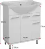 A white bathroom vanity with a sink and chrome legs, featuring dimensional callouts. Podgląd zdjęcia produktu