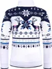 A white knitted sweater with a navy blue yoke and a Nordic pattern featuring reindeer, snowflakes, and Norwegian flags. Produktbild-Vorschau