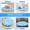 Collage of images showing a round pet cooling mat in different settings: on the floor, on a sofa, in a pet kennel, and in a car. Produktbild-Vorschau