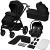 A black 3-in-1 stroller system with a bassinet, car seat, and accessories laid out on a white background. Produktbild-Vorschau