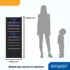 A wine cooler shown next to human silhouettes to indicate its size. Produktbild-Vorschau