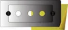 A product shot of an electronic device with three circular indicators, two black and one partially yellow, set against a gradient gray and white background with a yellow overlay on the right. Produktbild-Vorschau