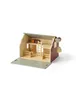 A wooden toy barn with an open front, showing interior details and furniture. Produktbild-Vorschau