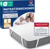 A mattress protector is shown with its packaging, featuring a family. The protector is on a mattress with elastic straps. Anteprima dell’immagine prodotto