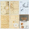 A flat lay of wooden puzzle pieces and packaging for a Rolife 3D wooden puzzle gramophone. Podgląd zdjęcia produktu