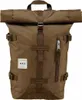 A brown roll-top backpack is shown against a white background.