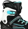 Close-up of a black inline skate with white and blue accents. Voir les images du produit