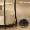 Close-up of a multi-tiered side table with a fabric storage basket, highlighting its metal frame and adjustable feet. Produktbild-Vorschau