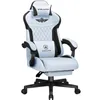 A white and black gaming chair with a headrest and lumbar support.