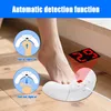 A person's foot is shown interacting with a white electronic device, with diagrams illustrating its automatic detection function. Voir les images du produit