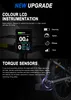 Marketing image showcasing the features of an electric bicycle, specifically its color LCD instrumentation and torque sensors. Produktbild-Vorschau