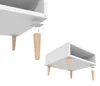 Two views of a white furniture piece with wooden legs being assembled. Produktbild-Vorschau
