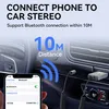 A Bluetooth adapter plugged into a car's auxiliary port, with a smartphone displaying Bluetooth settings. Anteprima dell’immagine prodotto