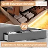 A split image comparing two types of bed storage. The top shows a bed with a large, open storage compartment underneath, filled with folded linens and pillows. The bottom shows a bed with drawers for storage. Text overlays highlight the storage capacity. Podgląd zdjęcia produktu