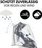 A clear plastic rain cover for a stroller, shown over the stroller. Icons and text indicate protection from rain and wind. Anteprima dell’immagine prodotto
