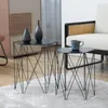 Two modern black metal side tables with geometric bases, one with two vases and the other with a coffee cup and saucer, placed on a rug in a living room setting. Produktbild-Vorschau