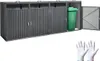 A multi-compartment storage shed for trash cans, with one compartment open showing a green trash can inside. A pair of white gloves is placed in the foreground. Podgląd zdjęcia produktu