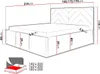 A diagram showing the dimensions of a bed frame with a headboard and storage drawers, along with a small illustration of a bed and text listing available sizes. Náhled obrázku produktu