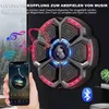 A hand holding a smartphone is shown next to a wall-mounted speaker with colorful lights. Produktbild-Vorschau