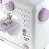 Close-up view of a white and purple mini sewing machine, showing various stitch selection dials and controls. Podgląd zdjęcia produktu