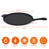 A black cast iron pizza and crepe pan with dimensions indicated by orange lines and text. Below the pan are icons representing different heat sources. Produktbild-Vorschau