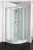 A modern corner shower cabin with glass doors and a shower head. Produktbild-Vorschau
