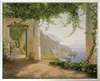 A scenic view of a coastal landscape seen through a vine-covered pergola with white pillars. Produktbild-Vorschau