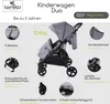 A marketing image showcasing a double stroller with various features highlighted by text and close-up images. Produktbild-Vorschau