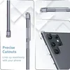 Collage of images showing a clear phone case with close-ups of its features and text describing its precision cutouts. Produktbild-Vorschau