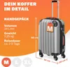 A silver suitcase with an orange tag and dimensions indicated. Text provides details about the suitcase. Anteprima dell’immagine prodotto