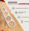A stainless steel spaghetti measuring tool is shown on a wooden surface, with text and icons highlighting its features. Produktbild-Vorschau