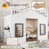 A white wooden loft bed with a house-like design, featuring windows and a ladder, set in a child's room with decorative elements. Produktbild-Vorschau