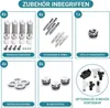 A collage of different accessories for a radiator or towel warmer, including wall mounts, screws, a vent valve, washers, and blanking plugs. Produktbild-Vorschau