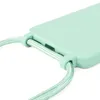 A close-up view of a mint green phone case with a braided cord attached, showing the attachment points. Produktbild-Vorschau