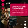 A woman is using her phone next to a car at night, with a graphic overlay promoting smart lighting. Produktbild-Vorschau