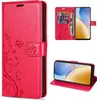 A collage of images showing a red flip phone case with a floral and butterfly design, including a view of the case open with credit cards and cash, and a view of the case with a phone inside. Produktbild-Vorschau