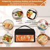 A collage of different food containers and a portable heating bag, showcasing various materials and food types. Produktbild-Vorschau