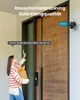 A woman is at the door with groceries, and a security camera is visible. Produktbild-Vorschau