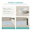 A collage of images showing installation instructions and dimensions for a sink. Produktbild-Vorschau