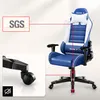 A blue and white gaming chair with various features highlighted by red lines and text overlays. Produktbild-Vorschau