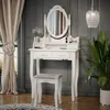 A white vanity table with a mirror and stool, set in a room with grey walls and beige curtains. Podgląd zdjęcia produktu