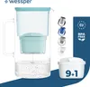 A collage showcasing a water filter pitcher and its components, with text and graphics highlighting its features and certifications. Produktbild-Vorschau