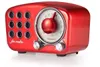 A red retro-style radio with a tuning dial and speaker grilles. Produktbild-Vorschau