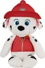 A stuffed toy dog wearing a firefighter's hat and uniform. Produktbild-Vorschau