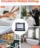 Collage of images showing a towel warmer in different settings: spa, salon, hotel, and bathroom. Produktbild-Vorschau