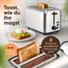 A toaster with toast and avocado toast on a plate, with marketing text overlays. Produktbild-Vorschau